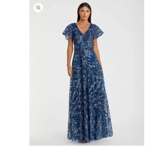 NWOT Mac Duggal Navy Embellished Illusion Butterfly Sleeve A-Line Gown size 14